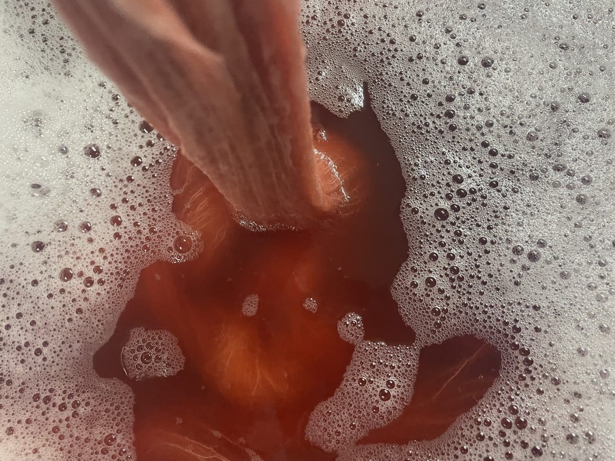 Madder in the dye pot at Blue Thistle Fibers Mill Madder in the dye pot at Blue Thistle Fibers Mill